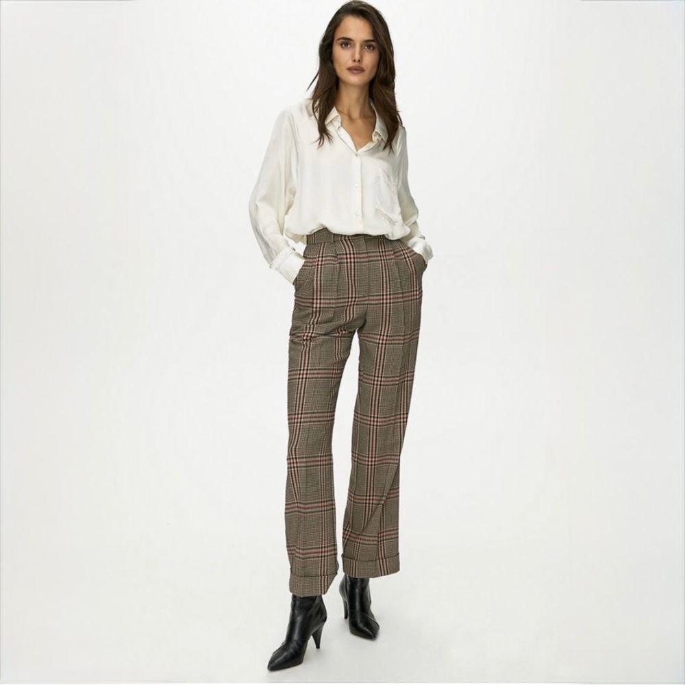 Wilfred Davita Plaid Wool Pants High Rise Cuffed Cropped Brown Check Trouser 0 - Picture 11 of 14